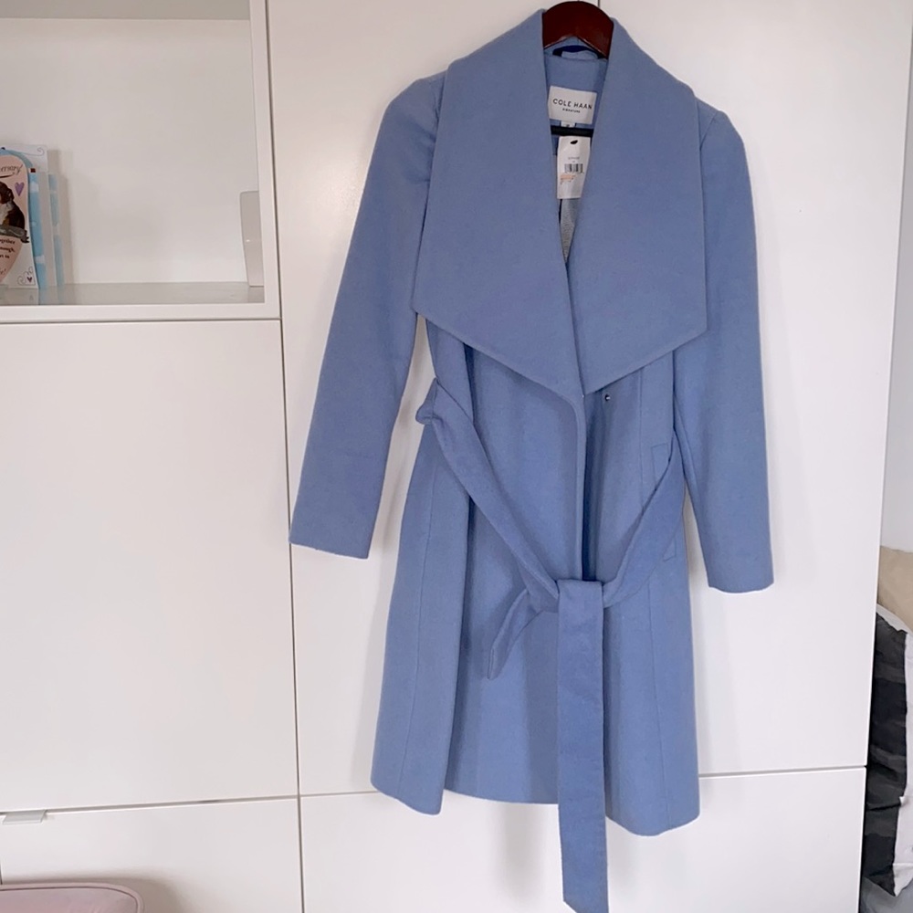 Cole Haan belted wrap coat ice blue